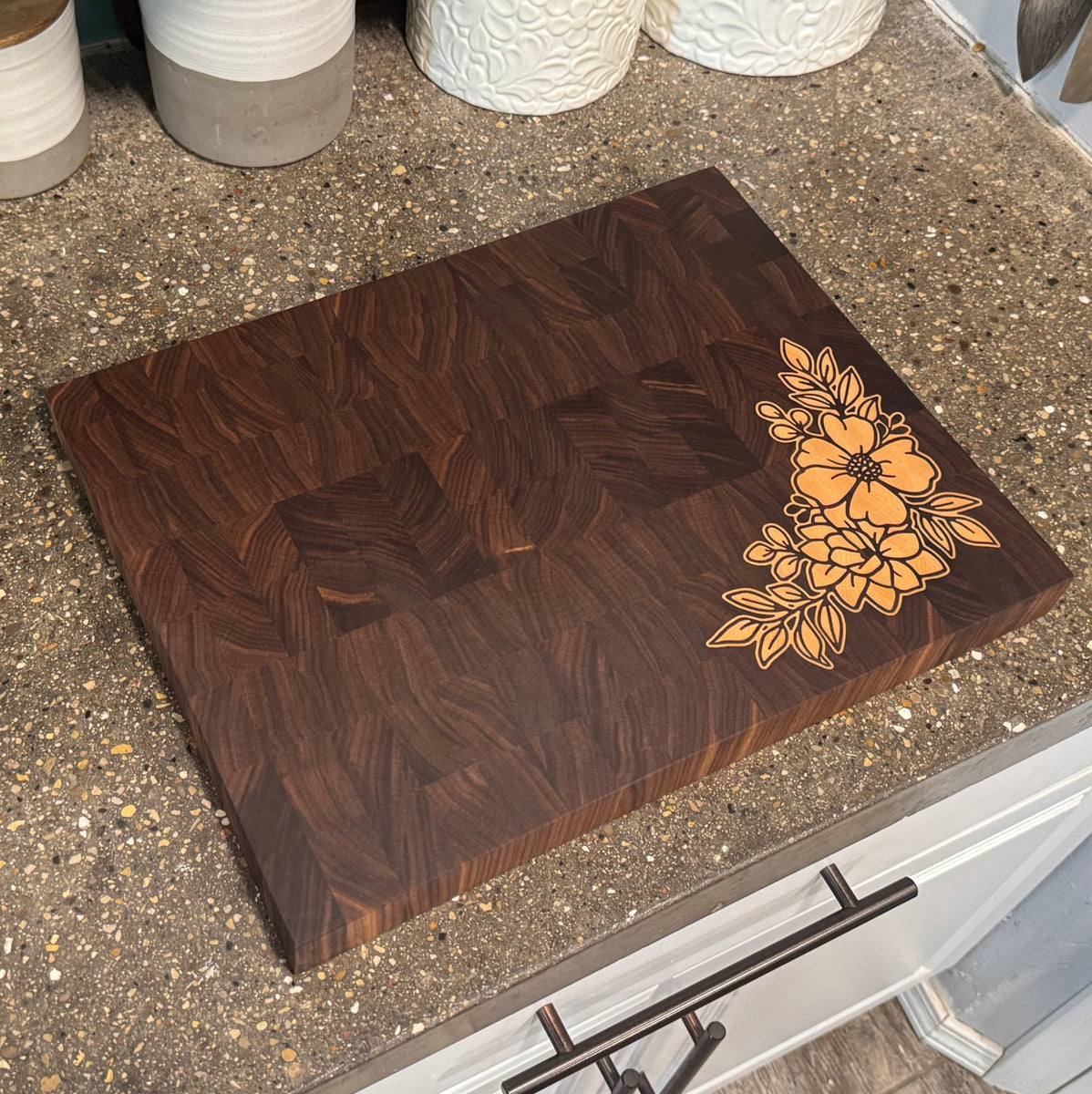 Walnut End Grain Cutting Boards with Custom Flower Inlay