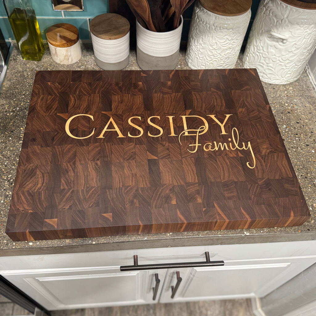 Custom Name Family Walnut End Grain Cutting Boards with Maple Inlay
