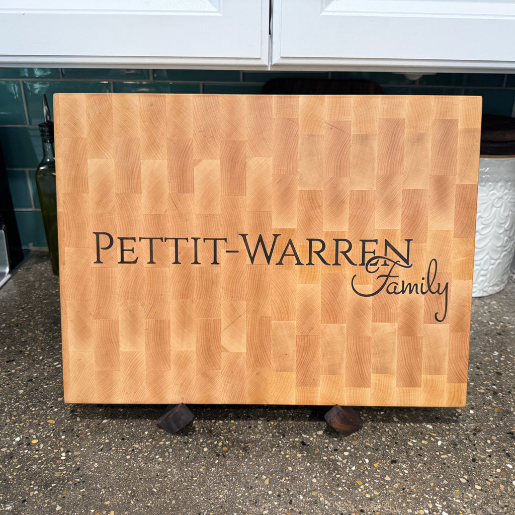 Maple End Grain Cutting Board with a Custom Family Name Walnut Inlay