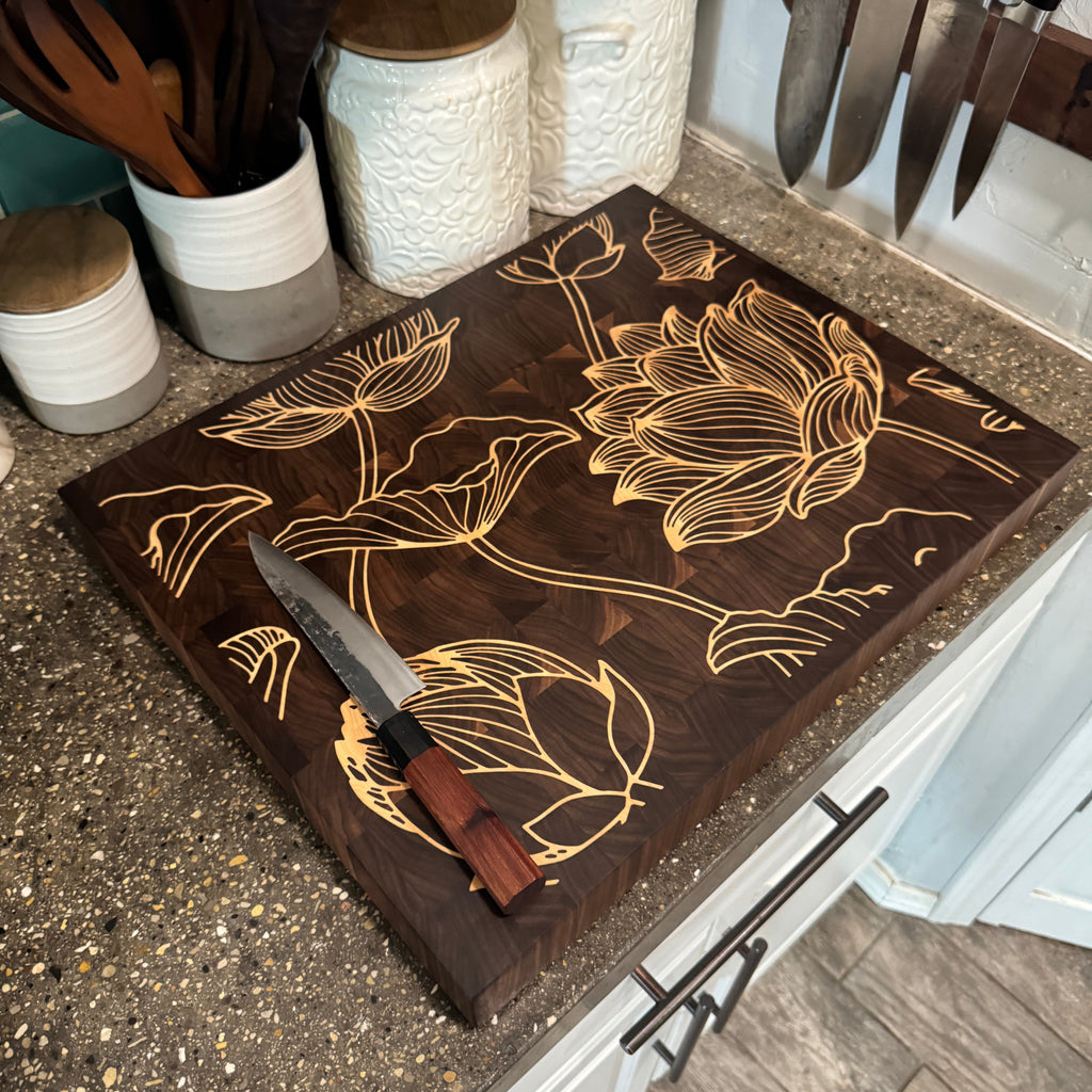 READY TO SHIP - 20 X 16 Floral Inlay Walnut End Grain Cutting Board