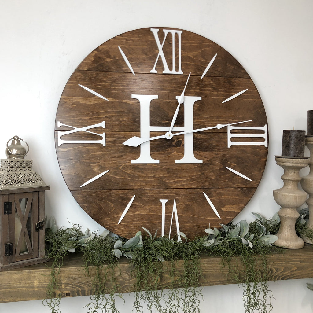 "The Nathalie-Monogram" Simple Farmhouse Clock - Two Moose Design