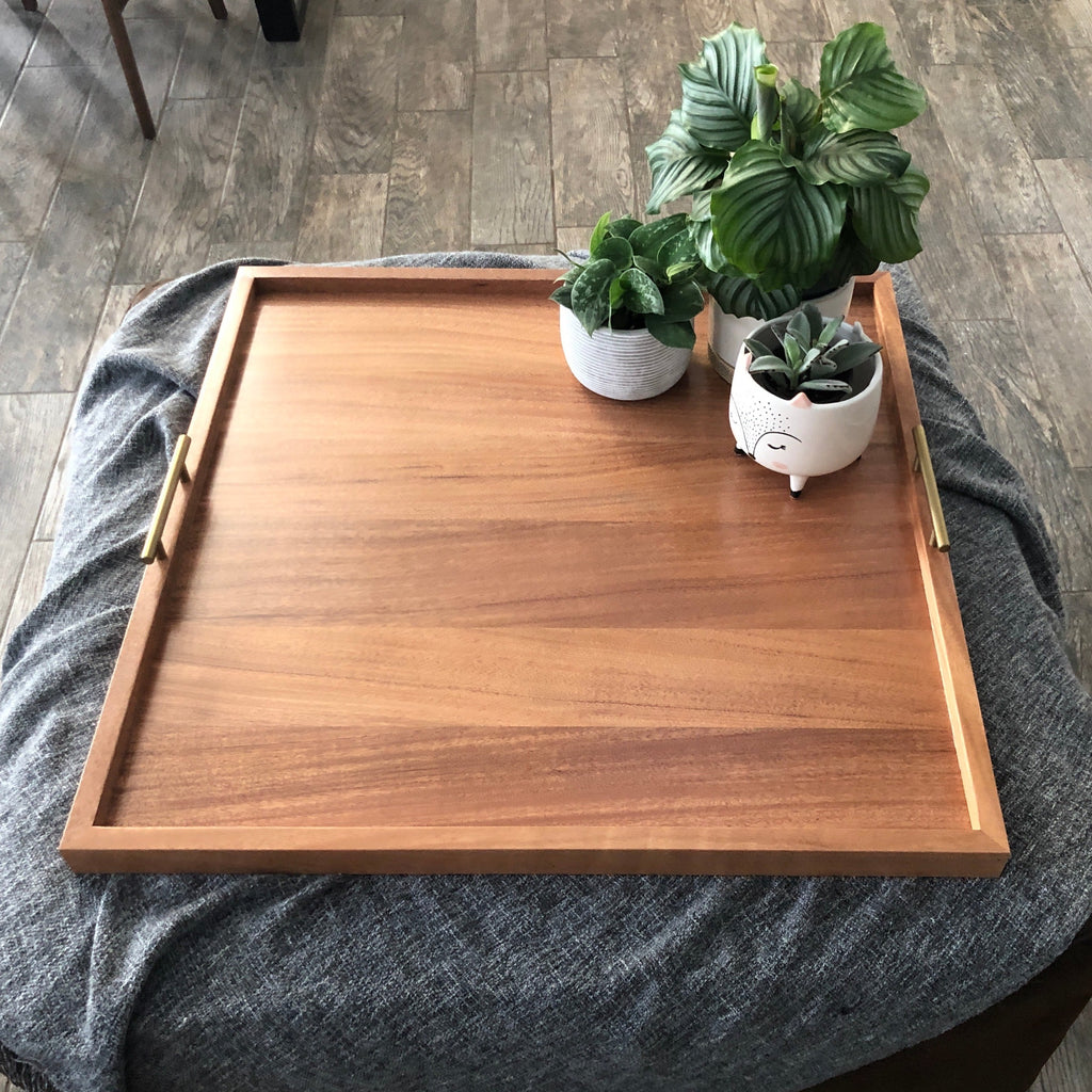 Square Black Walnut Wood Serving Tray Ottoman Tray with Handles