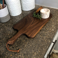 Black Walnut Charcuterie Board with Handle & Leather Hanging Strap - Two Moose Design