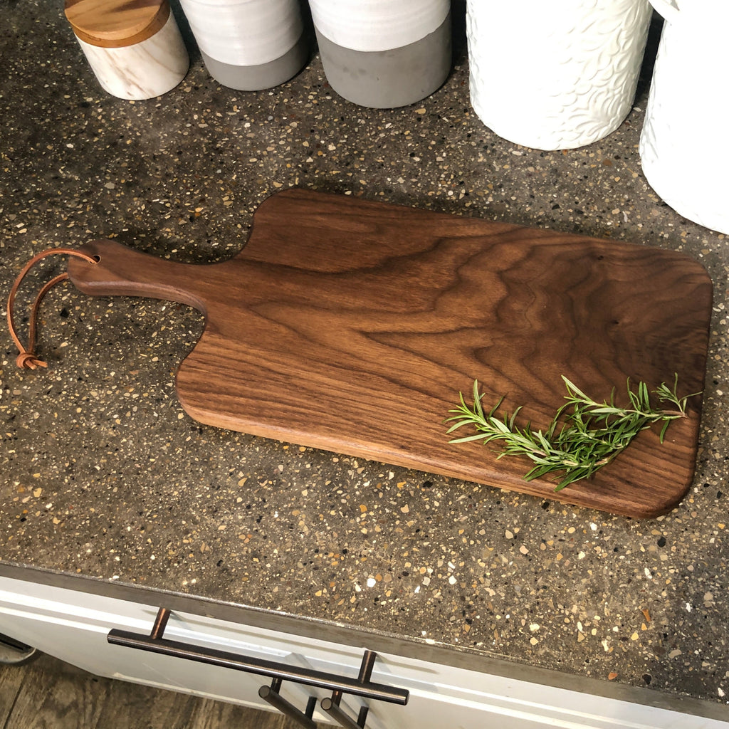 Black Walnut Charcuterie Board with Handle & Leather Hanging Strap
